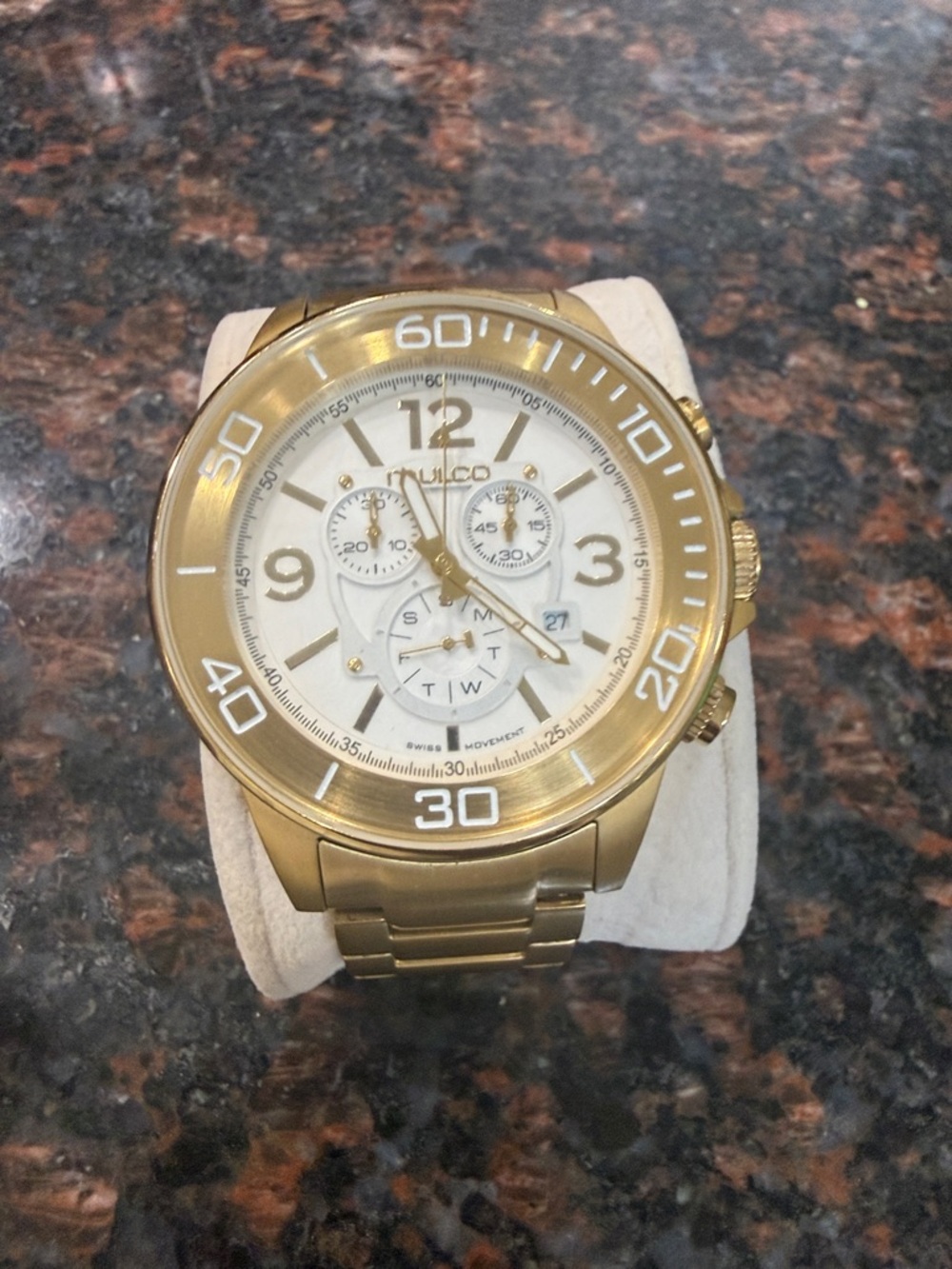 Mulco Gold Tone Chronograph Watch with White Dial.